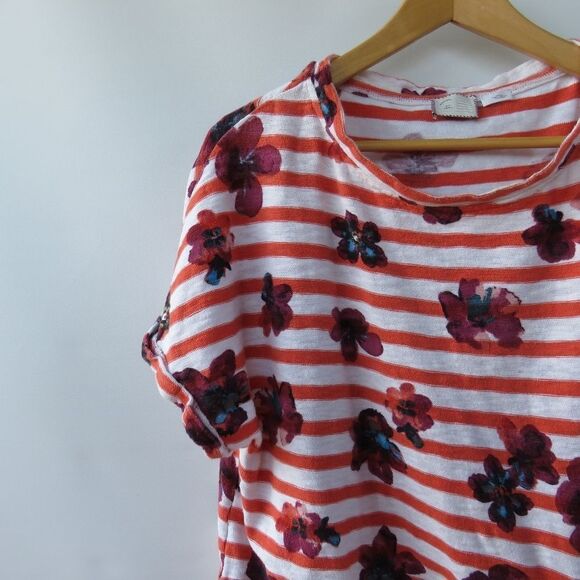 Anthro Postmark Women Size Small Red Navy Blue Striped Floral Side Tie Top - Picture 3 of 13